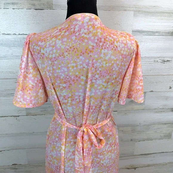 LaRoque Floral Wrap Midi Dress Pink Yellow Cottagecore Preppy Feminine Small - Picture 13 of 16